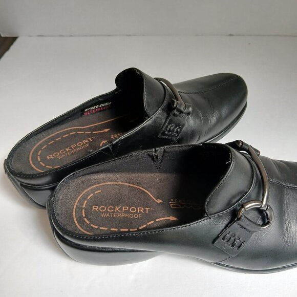 Black Leather Upper Waterproof Mules Gunmetal Bar Horsebit Decoration Sz 7M - Picture 7 of 12